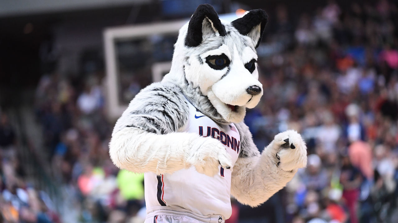 DALLAS, TX - MARCH 31: Connecticut Huskies mascot performs during a timeout during the 2017 NCAA Photos via Getty Images Women's Final Four at American Airlines Center on March 31, 2017 in Dallas, Texas.