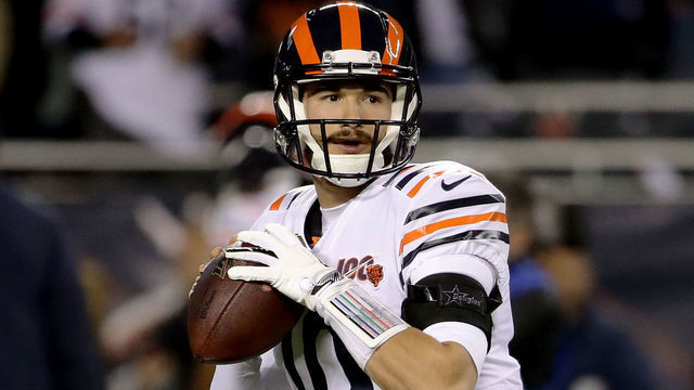 CHICAGO, ILLINOIS - DECEMBER 05: Quarterback Mitchell Trubisky #10 of the Chicago Bears warms up before the game against the Dallas Cowboys at Soldier Field on December 05, 2019 in Chicago, Illinois.