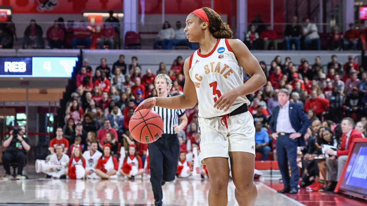 RALEIGH, NC - MARCH 23: NC State Wolfpack guard Kai Crutchfield (3) during the 2019 Div 1 Women's Championship - First Round college basketball game between the Maine Black Bears and NC State Wolfpack on March 23, 2019, at Reynolds Coliseum in Raleigh, NC.