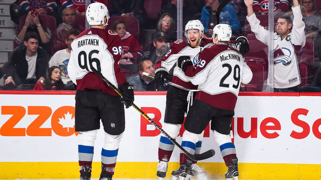 MONTREAL, QC - DECEMBER 05: Colorado Avalanche Gabriel Landeskog (92) celebrates his goal with his teammates during the Colorado Avalanche versus the Montreal Canadiens game on December 05, 2019, at Bell Centre in Montreal, QC