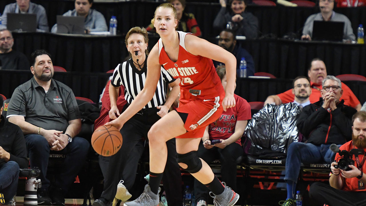 COLLEGE PARK, MD - JANUARY 05: Dorka Juhasz #14 of the Ohio State Buckeyes dribbles up court during a women's college basketball game against the Maryland Terrapins at the Xfinity Center on January 5, 2019 in College Park, Maryland.