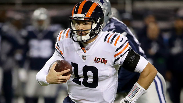 CHICAGO, ILLINOIS - DECEMBER 05: Quarterback Mitchell Trubisky #10 of the Chicago Bears runs for a first down during the game against the Chicago Bears at Soldier Field on December 05, 2019 in Chicago, Illinois.