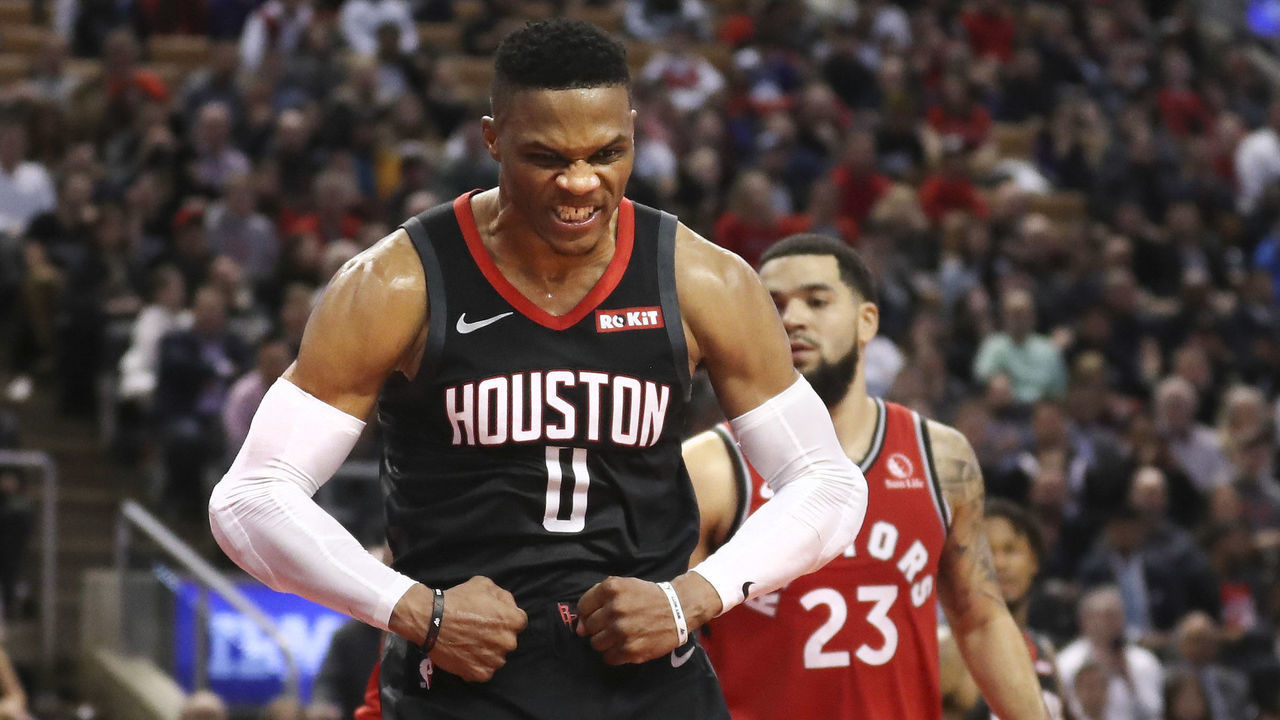 TORONTO, ON - December 5 Late in the second half, Houston Rockets guard Russell Westbrook (0) strikes a pose after a fierce battle to the net. The Toronto Raptors lost to the Houston Rockets 109-119 at the Scotiabank arena in NBA basketball action. December 5, 2019 (Richard Lautens/Toronto Star via Getty Images)