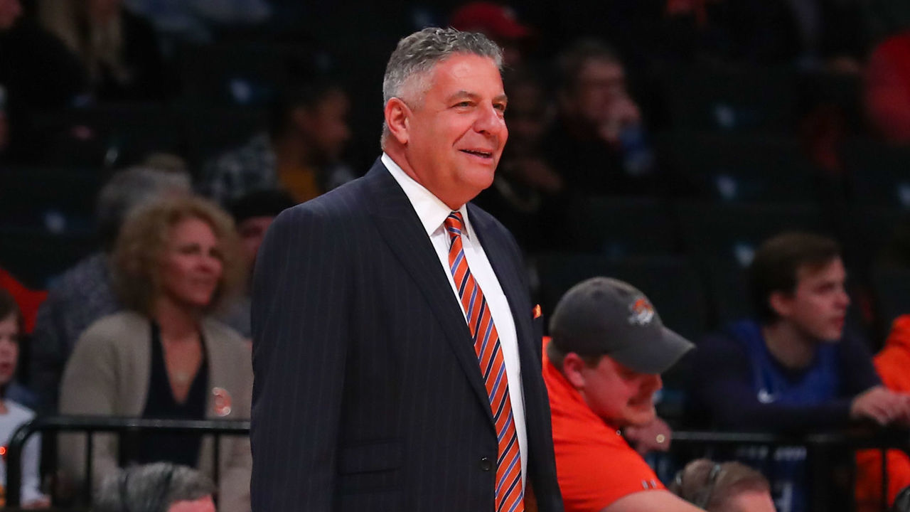 BROOKLYN, NY - NOVEMBER 25: Auburn Tigers head coach Bruce Pearl during the first half of the Legends Classic College basketball game between the Auburn Tigers and the New Mexico State Aggies on November 25, 2019 at the Barclays Center in Brooklyn, NY.