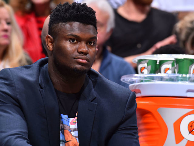MIAMI, FL - NOVEMBER 16: Zion Williamson #1 of the New Orleans Pelicans looks on against the Miami Heat on November 16, 2019 at the American Airlines Arena in Miami, Florida. NOTE TO USER: User expressly acknowledges and agrees that, by downloading and/or using this Photograph, user is consenting to the terms and conditions of the Getty Images License Agreement. Mandatory Copyright Notice: Copyright 2019 NBAE
