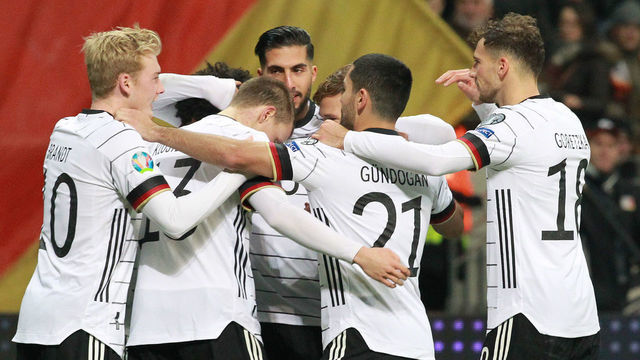 Germany's forward Serge Gnabry celebrates scoring the 3-1 with his team-mates during the UEFA Euro 2020 Group C qualification football match Germany v Northern Ireland in Frankfurt am Main, western Germany on November 19, 2019.