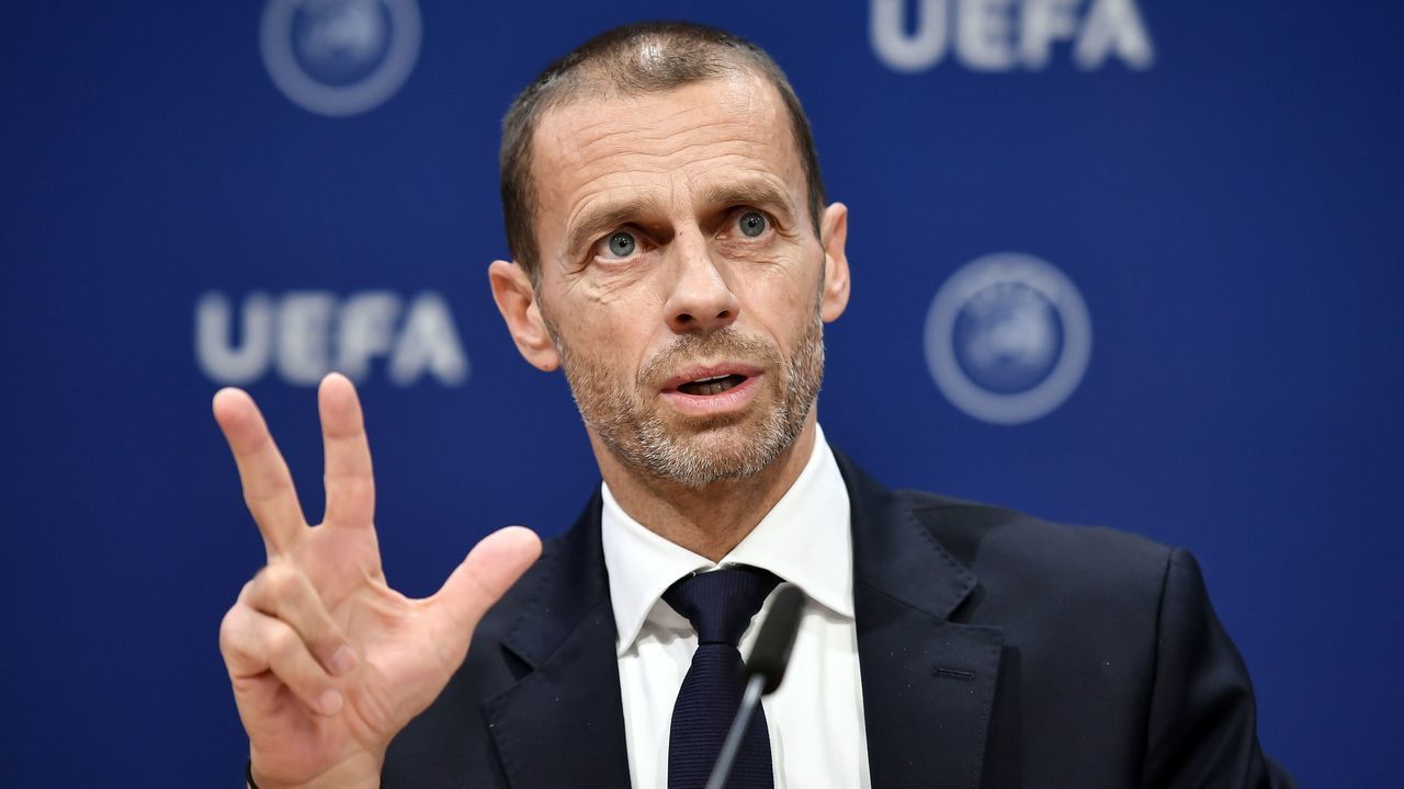 UEFA president Aleksander Ceferin gestures during a press conference following a meeting of the executive committee at the UEFA headquarters, in Nyon, Switzerland on December 4, 2019.