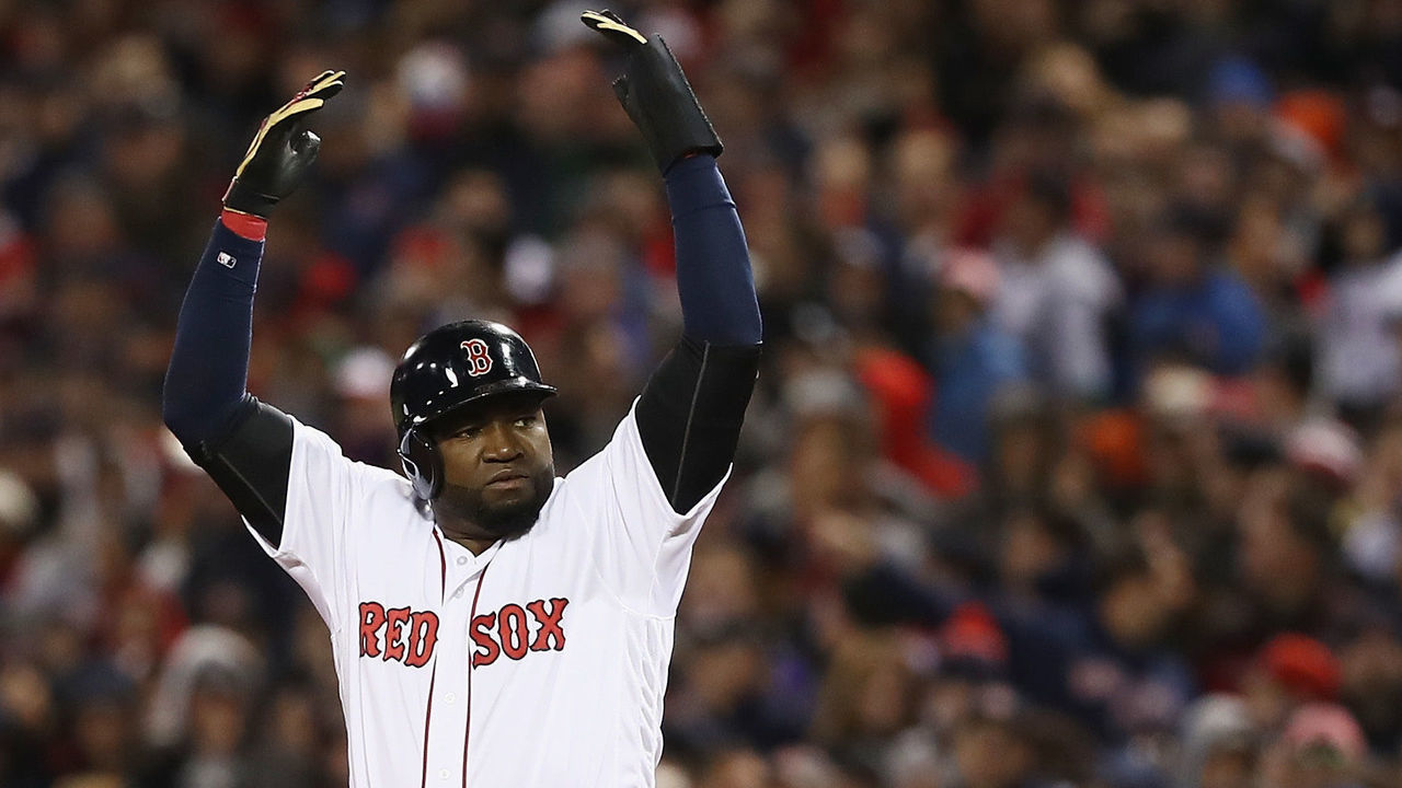 BOSTON, MA - OCTOBER 10: David Ortiz #34 of the Boston Red Sox pumps up the crowd in the eighth inning against the Cleveland Indians during game three of the American League Divison Series at Fenway Park on October 10, 2016 in Boston, Massachusetts.