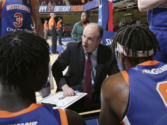 WHITE PLAINS, NY - FEBRUARY 8: Head Coach Mike Miller of the Westchester Knicks coaches his 100th victory against the Canton Charge at the Westchester County Center on February 8, 2019 in White Plains, New York. NOTE TO USER: User expressly acknowledges and agrees that, by downloading and/or using this photograph, user is consenting to the terms and conditions of the Getty Images License Agreement. Mandatory Copyright Notice: Copyright 2019 NBAE