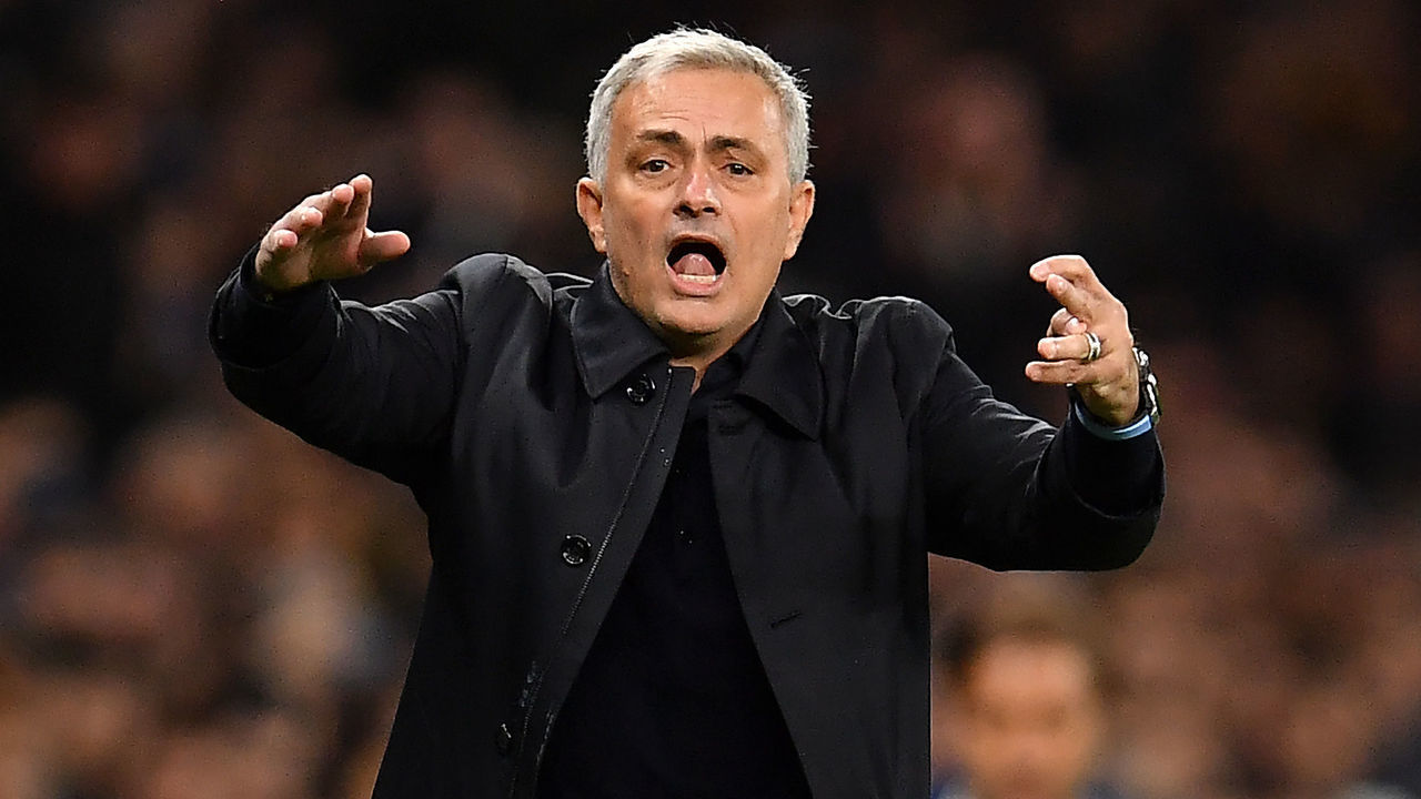 LONDON, ENGLAND - NOVEMBER 26: Jose Mourinho, Manager of of Tottenham Hotspur reacts during the UEFA Champions League group B match between Tottenham Hotspur and Olympiacos FC at Tottenham Hotspur Stadium on November 26, 2019 in London, United Kingdom.