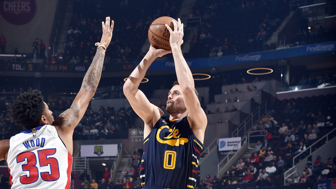 CLEVELAND, OH - DECEMBER 3: Kevin Love #0 of the Cleveland Cavaliers shoots the ball during the game against the Detroit Pistons on December 3, 2019 at Rocket Mortgage FieldHouse in Cleveland, Ohio. NOTE TO USER: User expressly acknowledges and agrees that, by downloading and/or using this Photograph, user is consenting to the terms and conditions of the Getty Images License Agreement. Mandatory Copyright Notice: Copyright 2019 NBAE