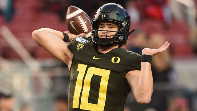 SANTA CLARA, CA - DECEMBER 06: Oregon Ducks quarterback Justin Herbert (10) warms up before the Pac-12 Football Championship Game between the Oregon Ducks and the Utah Utes at Levi's Stadium on December 6, 2019 in Santa Clara, CA.