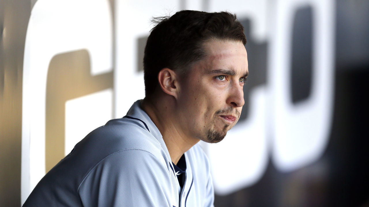 CHICAGO, ILLINOIS - APRIL 08: Blake Snell #4 of the Tampa Bay Rays sits in the dugout in the fifth inning against the Chicago White Sox at Guaranteed Rate Field on April 08, 2019 in Chicago, Illinois.