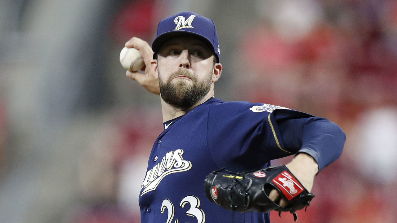CINCINNATI, OH - SEPTEMBER 25: Jordan Lyles #23 of the Milwaukee Brewers pitches in the second inning against the Cincinnati Reds at Great American Ball Park on September 25, 2019 in Cincinnati, Ohio.
