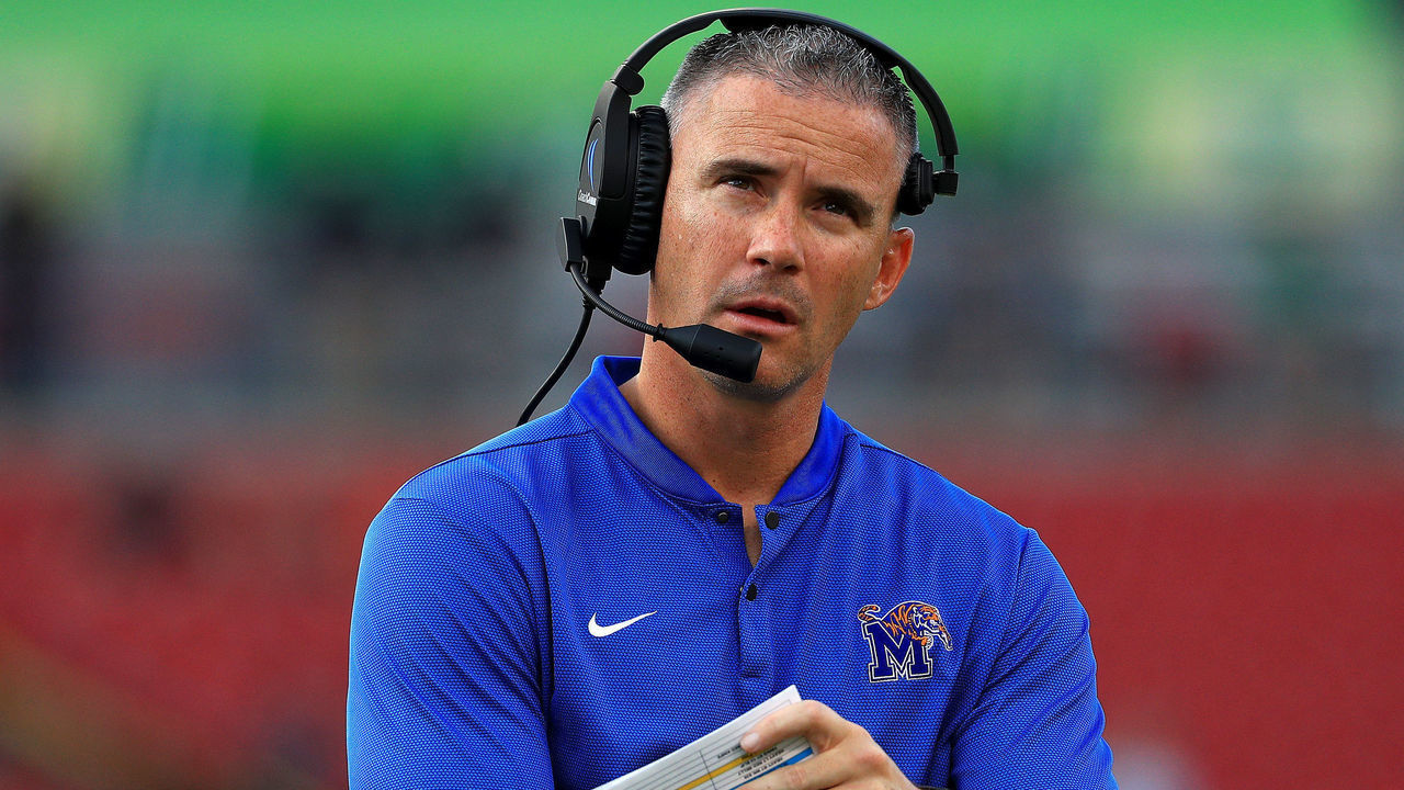 TAMPA, FLORIDA - NOVEMBER 23: Head coach Mike Norvell of the Memphis Tigers looks on during a game against the South Florida Bulls at Raymond James Stadium on November 23, 2019 in Tampa, Florida.