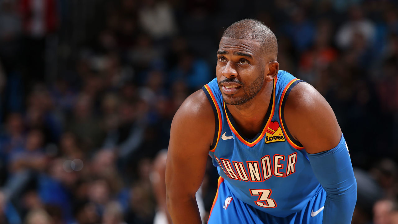 OKLAHOMA CITY, OK- DECEMBER 6: Chris Paul #3 of the Oklahoma City Thunder looks on during the game against the Minnesota Timberwolves on December 6, 2019 at Chesapeake Energy Arena in Oklahoma City, Oklahoma. Mandatory Copyright Notice: Copyright 2019 NBAE
