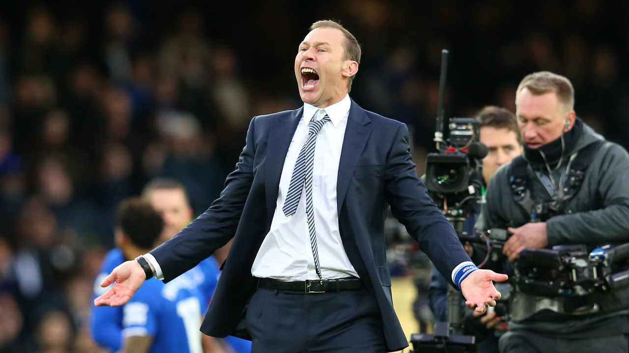 LIVERPOOL, ENGLAND - DECEMBER 07: Interim Everton Manager, Duncan Ferguson celebrates victory following the Premier League match between Everton FC and Chelsea FC at Goodison Park on December 07, 2019 in Liverpool, United Kingdom.