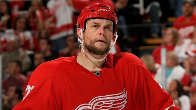DETROIT - MAY 10: Darren McCarty #25 of the Detroit Red Wings looks into the crowd before the face-off against the Dallas Stars during game two of the Western Conference Finals of the 2008 NHL Stanley Cup Playoffs on May 10, 2008 at Joe Louis Arena in Detroit, Michigan. The Wings won 2-1
