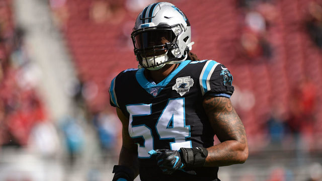SANTA CLARA, CA - OCTOBER 27: Carolina Panthers Linebacker Shaq Thompson (54) during the NFL game between the Carolina Panthers and San Francisco 49ers at Levi's Stadium on October 27, 2019 in Santa Clara, CA.