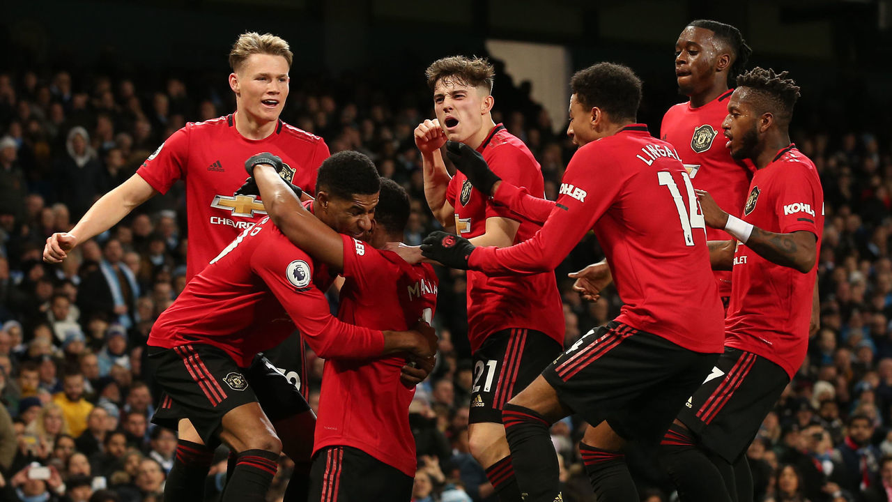MANCHESTER, ENGLAND - DECEMBER 07: Anthony Martial of Manchester United celebrates scoring their second goal during the Premier League match between Manchester City and Manchester United at Etihad Stadium on December 07, 2019 in Manchester, United Kingdom.