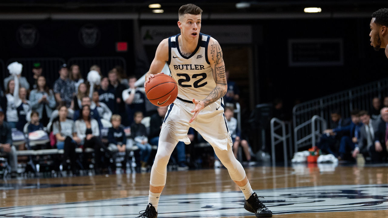 INDIANAPOLIS, IN - NOVEMBER 22: Butler Bulldogs forward Sean McDermott (22) sets up the offense during the men's college basketball game between the Morehead State Eagles and Butler Bulldogs on November 22, 2019, at Hinkle Fieldhouse in Indianapolis, IN.