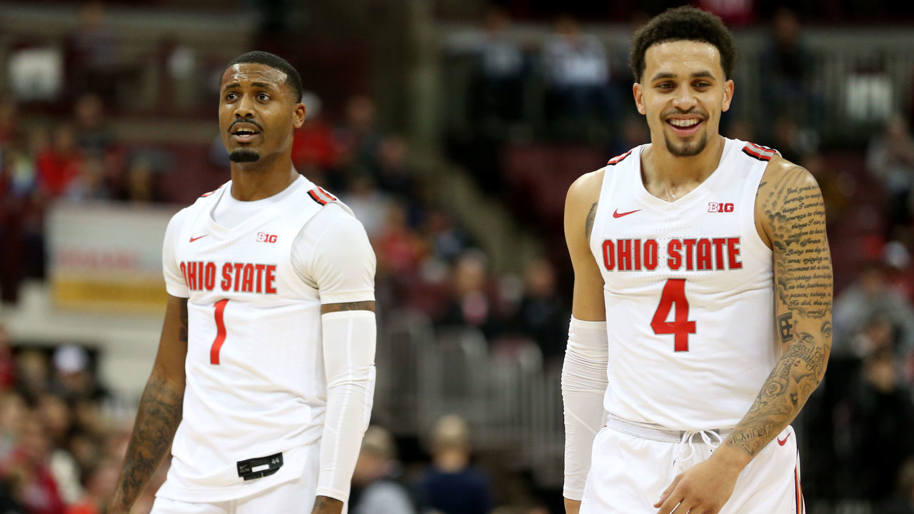 COLUMBUS, OHIO - NOVEMBER 22: Luther Muhammad #1 and Duane Washington Jr. #4 of the Ohio State Buckeyes react after a play in the game against the Purdue Fort Wayne Mastodons during the first half at Value City Arena on November 22, 2019 in Columbus, Ohio.