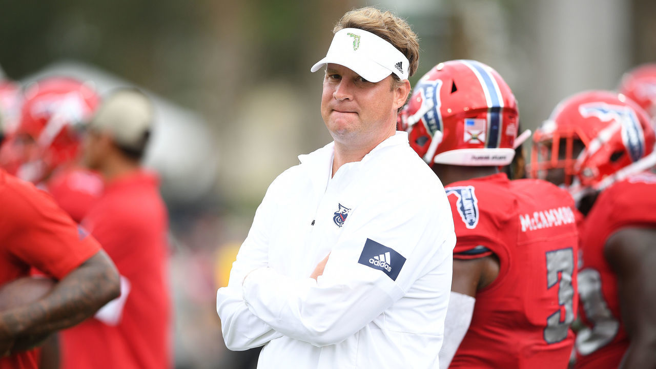 BOCA RATON, FLORIDA - OCTOBER 12: Head Coach Lane Kiffin of the Florida Atlantic Owls looks on before the game against the Middle Tennessee Blue Raiders in the first half at FAU Stadium on October 12, 2019 in Boca Raton, Florida.