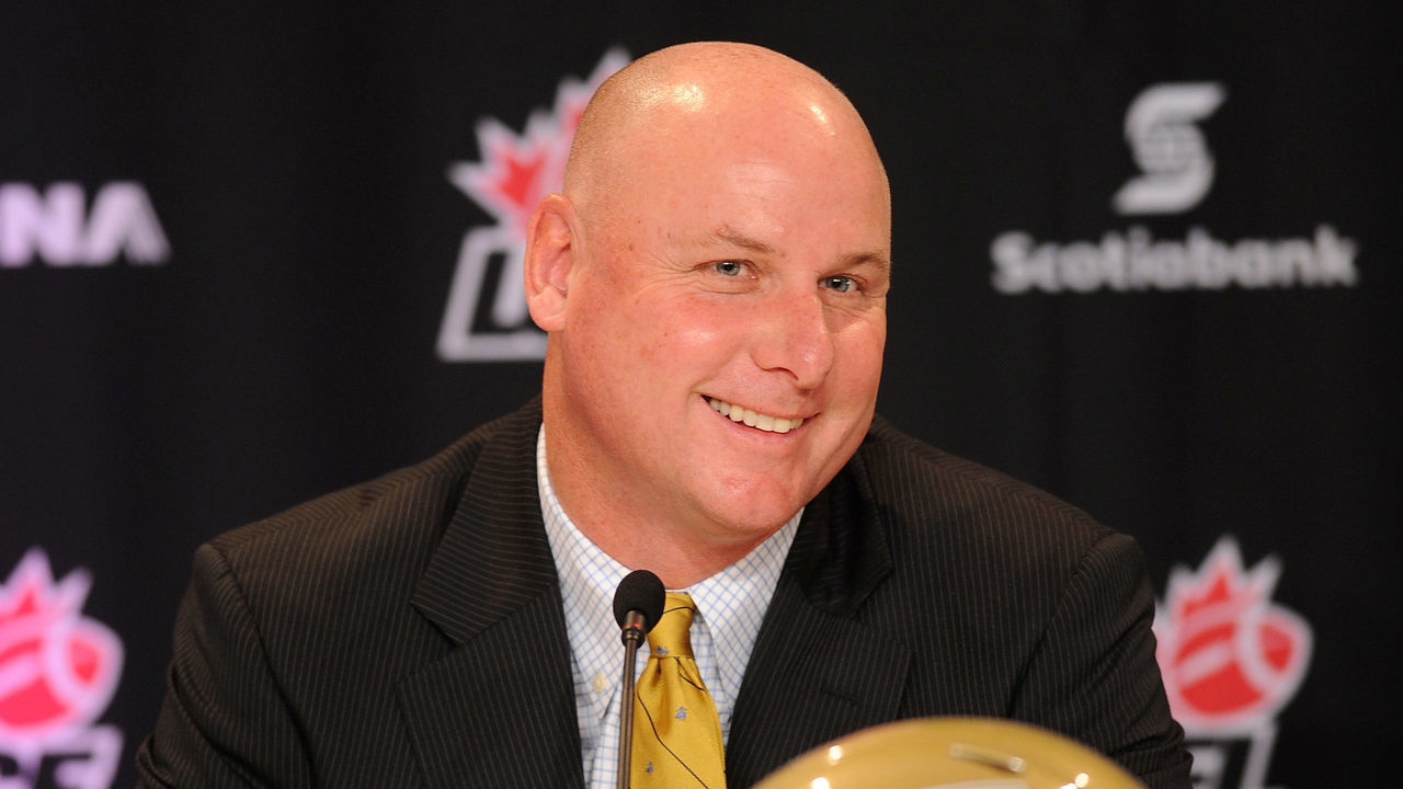 VANCOUVER, CANADA - NOVEMBER 23: Coach of the Winnipeg Blue Bombers Paul LaPolice addresses media during a media conference at Fairmont Waterfront on November 23, 2011 in Vancouver, Canada.