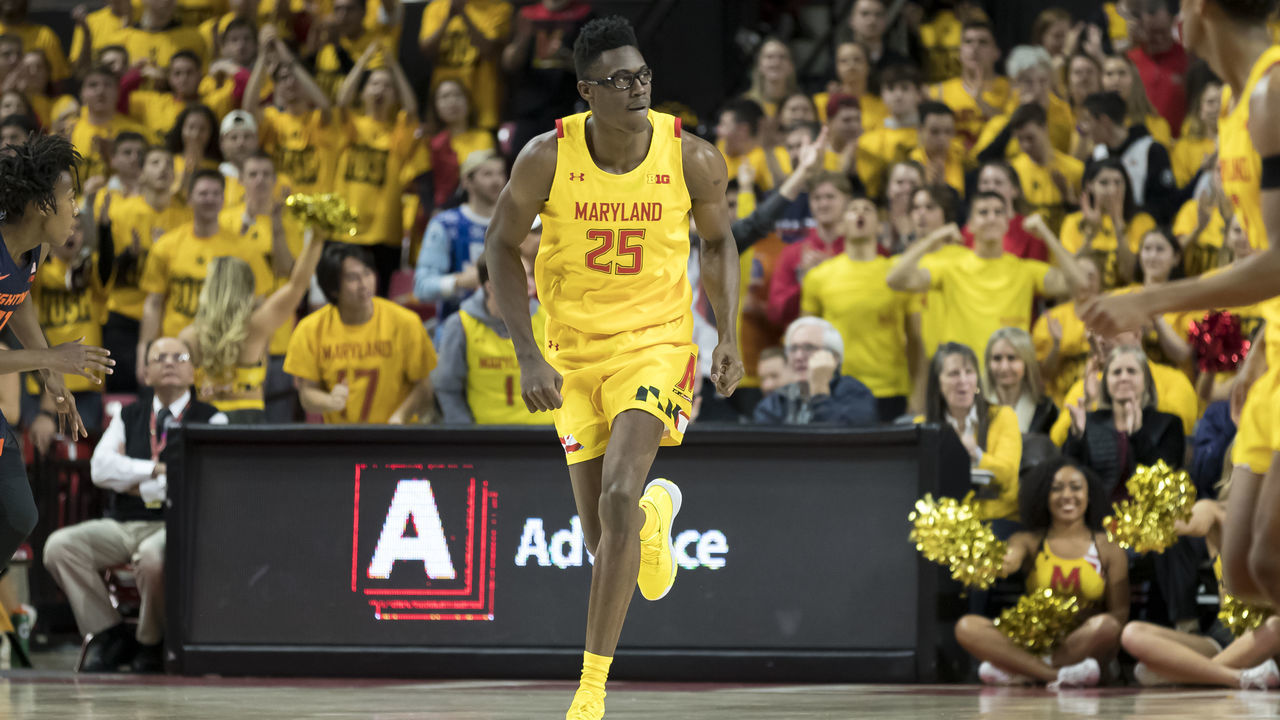 COLLEGE PARK, MD - DECEMBER 07: Jalen Smith #25 of the Maryland Terrapins runs downcourt during the first half against the Illinois Fighting Illini at Xfinity Center on December 7, 2019 in College Park, Maryland.