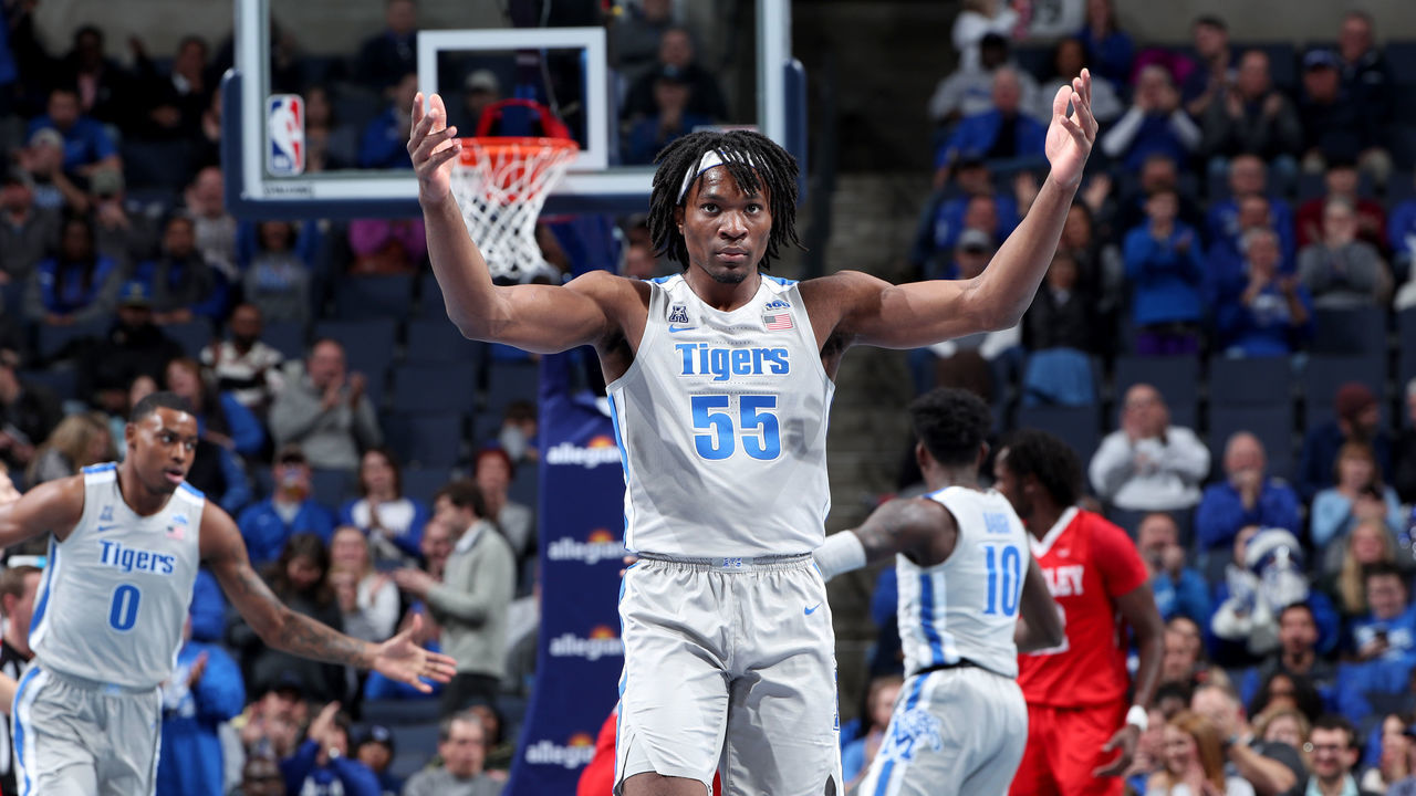 MEMPHIS, TN - DECEMBER 3: Precious Achiuwa #55 of the Memphis Tigers celebrates against the Bradley Braves during a game on December 5, 2019 at FedExForum in Memphis, Tennessee. Memphis defeated Bradley 71-56.