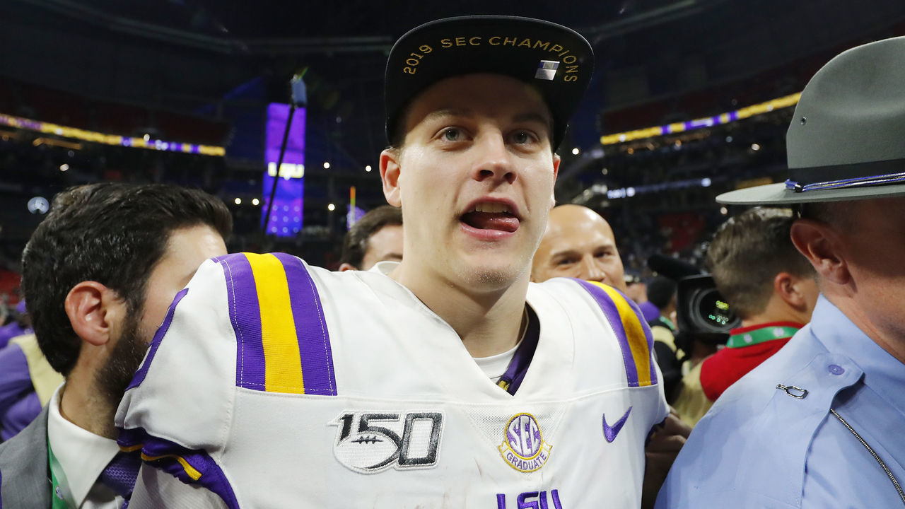 ATLANTA, GEORGIA - DECEMBER 07: Joe Burrow #9 of the LSU Tigers celebrates defeating the Georgia Bulldogs 37-10 to win the SEC Championship game at Mercedes-Benz Stadium on December 07, 2019 in Atlanta, Georgia.