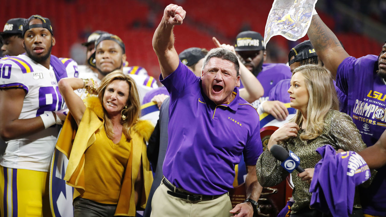 ATLANTA, GEORGIA - DECEMBER 07: Head coach Ed Orgeron of the LSU Tigers celebrates defeating the Georgia Bulldogs 37-10 to win the SEC Championship game at Mercedes-Benz Stadium on December 07, 2019 in Atlanta, Georgia.