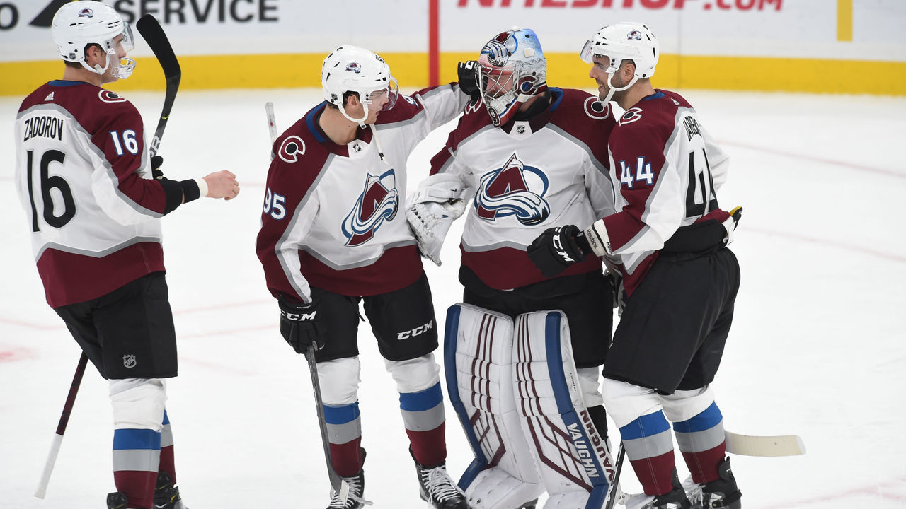 BOSTON, MA - DECEMBER 7: Nikita Zadorov #16, Andre Burakovsky #95, Pavel Francouz #39 and Mark Barberio #44 of the Colorado Avalanche skates against the Boston Bruins at the TD Garden on December 7, 2019 in Boston, Massachusetts.
