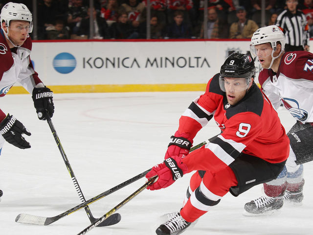 NEWARK, NEW JERSEY - OCTOBER 18: Taylor Hall #9 of the New Jersey Devils skates against the Colorado Avalanche at the Prudential Center on October 18, 2018 in Newark, New Jersey. The Avalanche defeated the Devils 5-3.