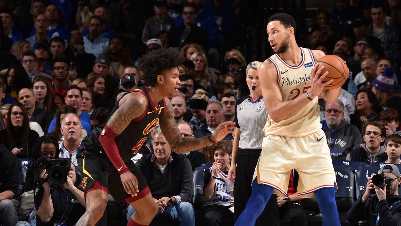 PHILADELPHIA, PA - DECEMBER 7: Kevin Porter Jr. #4 of the Cleveland Cavaliers plays defense against against Ben Simmons #25 of the Philadelphia 76ers on December 7, 2019 at the Wells Fargo Center in Philadelphia, Pennsylvania NOTE TO USER: User expressly acknowledges and agrees that, by downloading and/or using this Photograph, user is consenting to the terms and conditions of the Getty Images License Agreement. Mandatory Copyright Notice: Copyright 2019 NBAE