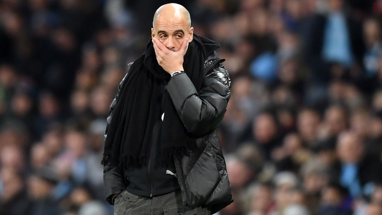 MANCHESTER, ENGLAND - DECEMBER 07: Pep Guardiola, Manager of Manchester City recats during the Premier League match between Manchester City and Manchester United at Etihad Stadium on December 07, 2019 in Manchester, United Kingdom.