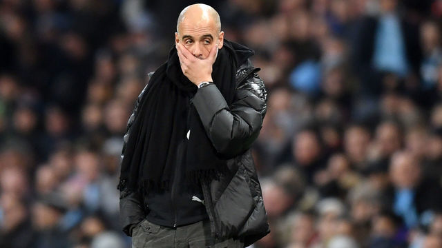 MANCHESTER, ENGLAND - DECEMBER 07: Pep Guardiola, Manager of Manchester City recats during the Premier League match between Manchester City and Manchester United at Etihad Stadium on December 07, 2019 in Manchester, United Kingdom.