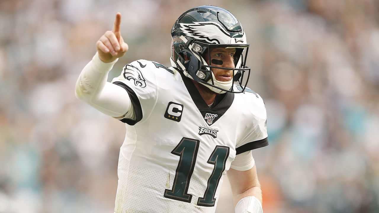 MIAMI, FLORIDA - DECEMBER 01: Carson Wentz #11 of the Philadelphia Eagles celebrates after throwing a touchdown to J.J. Arcega-Whiteside #19 (not pictured) against the Miami Dolphins during the second quarter at Hard Rock Stadium on December 01, 2019 in Miami, Florida.