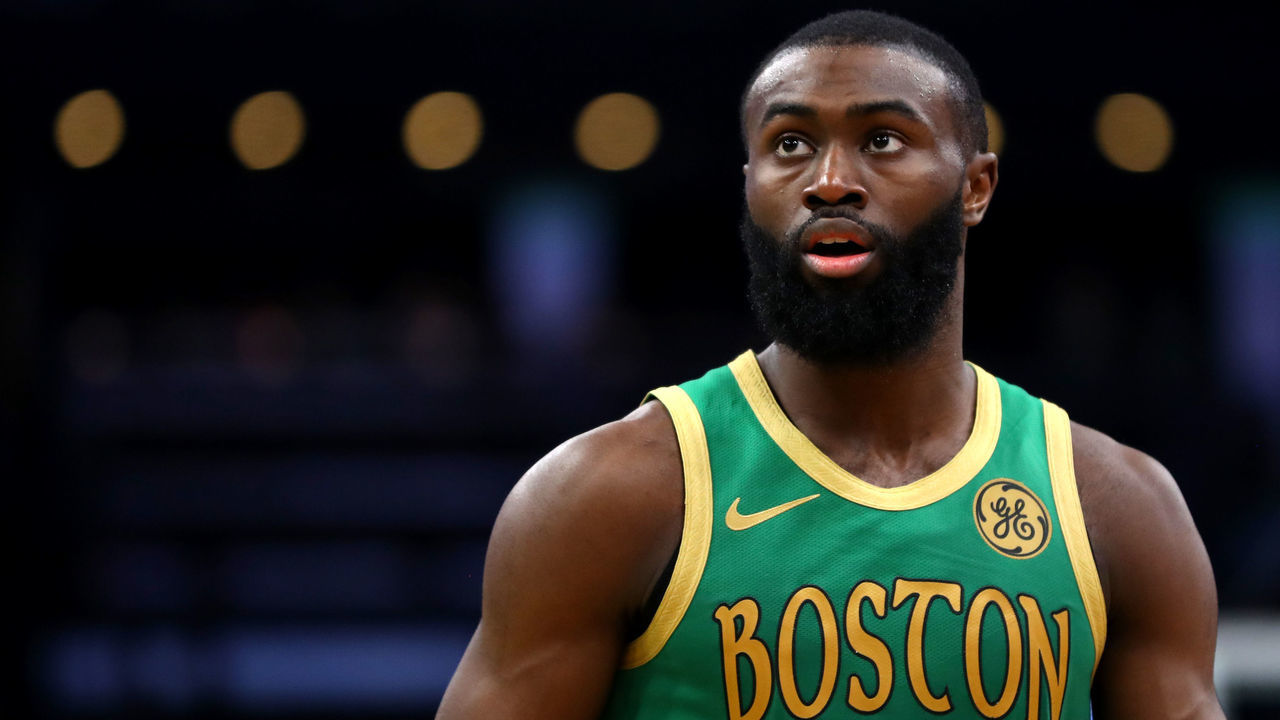BOSTON, MASSACHUSETTS - NOVEMBER 27: Jaylen Brown #7 of the Boston Celtics looks on during the second half at TD Garden on November 27, 2019 in Boston, Massachusetts. The Celtics defeat the Nets 121-110.