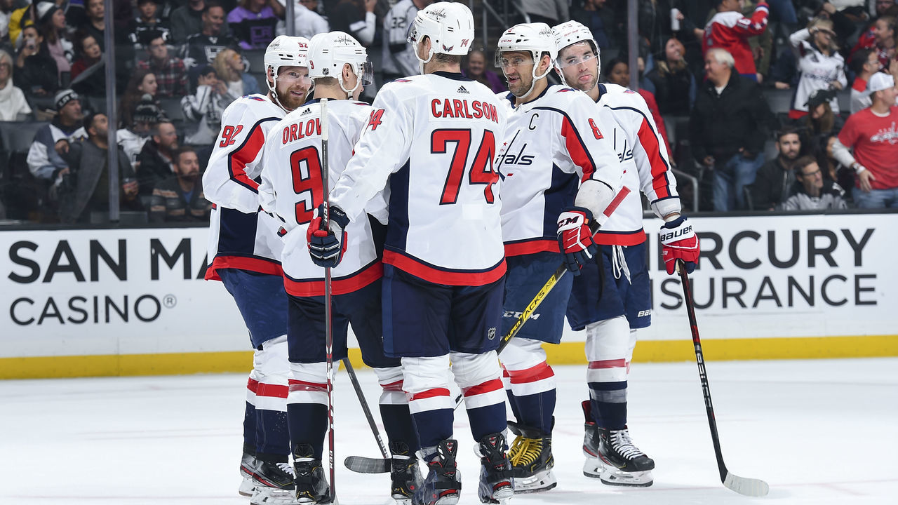 LOS ANGELES, CA - DECEMBER 4: Tom Wilson #43 of the Washington Capitals celebrates his goal with his teammates during the third period against the Los Angeles Kings at STAPLES Center on December 4, 2019 in Los Angeles, California.