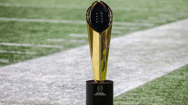 ATLANTA, GA - JANUARY 08: The College Football Playoff National Championship Trophy during the College Football Playoff National Championship Game between the Alabama Crimson Tide and the Georgia Bulldogs on January 8, 2018 at Mercedes-Benz Stadium in Atlanta, GA. (Photo by David Rosenblum/Icon Sportswire)