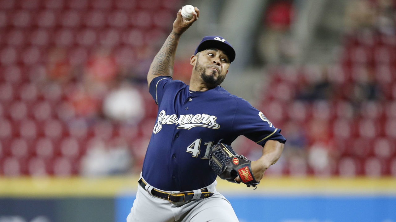 CINCINNATI, OH - SEPTEMBER 25: Junior Guerra #41 of the Milwaukee Brewers pitches during a game against the Cincinnati Reds at Great American Ball Park on September 25, 2019 in Cincinnati, Ohio. The Brewers defeated the Reds 9-2.