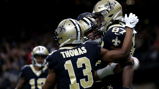 NEW ORLEANS, LOUISIANA - DECEMBER 08: Jared Cook #87 of the New Orleans Saints celebrates with his teammates Michael Thomas #13 and Erik McCoy #78 as he scores a 38 yard touchdown against the San Francisco 49ers during the first quarter in the game at Mercedes Benz Superdome on December 08, 2019 in New Orleans, Louisiana.