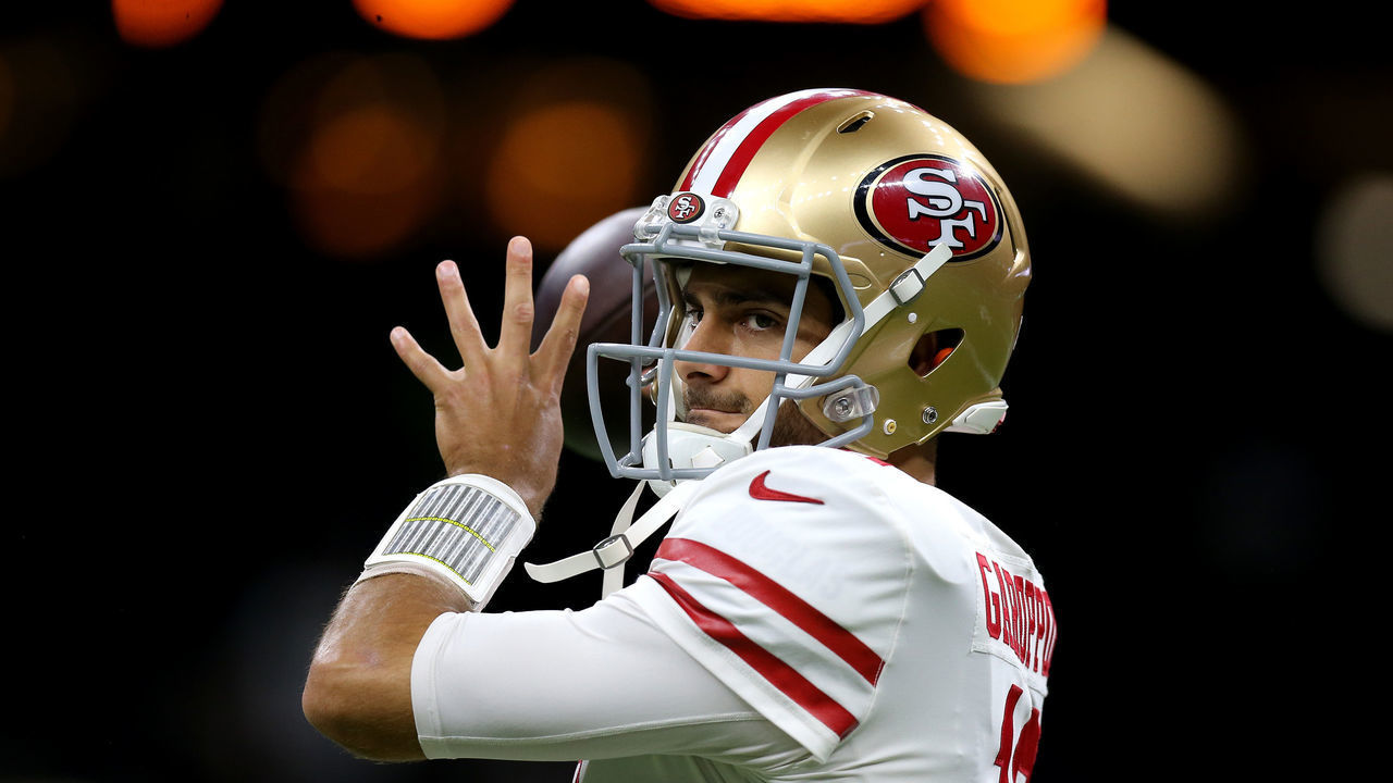 NEW ORLEANS, LOUISIANA - DECEMBER 08: Jimmy Garoppolo #10 of the San Francisco 49ers warms up prior to the game against the New Orleans Saints at Mercedes Benz Superdome on December 08, 2019 in New Orleans, Louisiana.