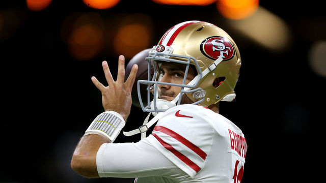 NEW ORLEANS, LOUISIANA - DECEMBER 08: Jimmy Garoppolo #10 of the San Francisco 49ers warms up prior to the game against the New Orleans Saints at Mercedes Benz Superdome on December 08, 2019 in New Orleans, Louisiana.