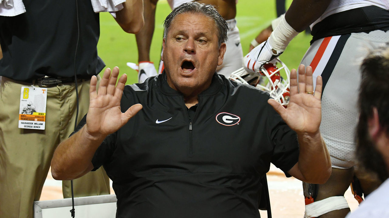 KNOXVILLE, TN - OCTOBER 05: Georgia Bulldogs Offensive Line Coach Sam Pittman on the sidelines during the game between the Georgia Bulldogs and the Tennessee Volunteers on October 05, 2019, at Neyland Stadium in Knoxville, TN.