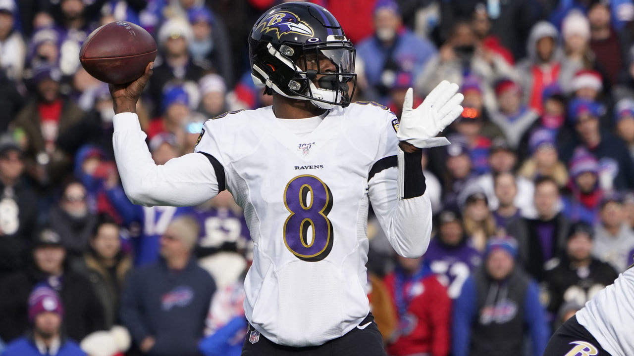 ORCHARD PARK, NY - DECEMBER 08: Baltimore Ravens Quarterback Lamar Jackson (8) throws the ball during the first half of the National Football League game between the Baltimore Ravens and the Buffalo Bills on December 8, 2019, at New Era Field in Orchard Park, NY.