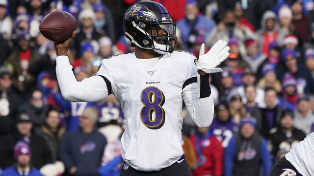 ORCHARD PARK, NY - DECEMBER 08: Baltimore Ravens Quarterback Lamar Jackson (8) throws the ball during the first half of the National Football League game between the Baltimore Ravens and the Buffalo Bills on December 8, 2019, at New Era Field in Orchard Park, NY.