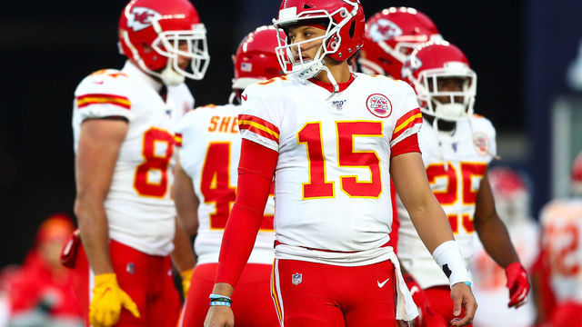 FOXBOROUGH, MA - DECEMBER 08: Patrick Mahomes #15 of the Kansas City Chiefs looks on during warm ups before a game against the New England Patriots at Gillette Stadium on December 8, 2019 in Foxborough, Massachusetts.