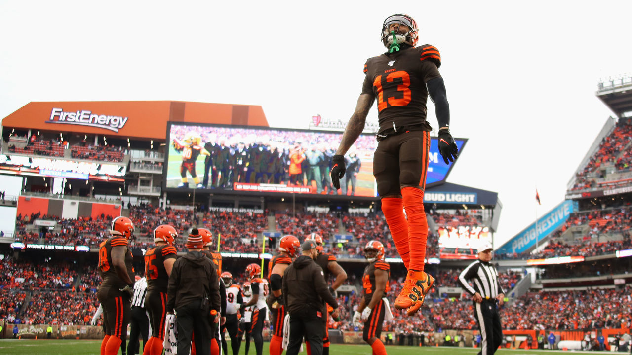 CLEVELAND, OHIO - DECEMBER 08: Odell Beckham #13 of the Cleveland Browns jumps in the air during a stop in play while playing the Cincinnati Bengals at FirstEnergy Stadium on December 08, 2019 in Cleveland, Ohio.